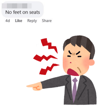 網民：No feet on seats（腳不能放在座位上）。fb「港鐵報料區」截圖  ​