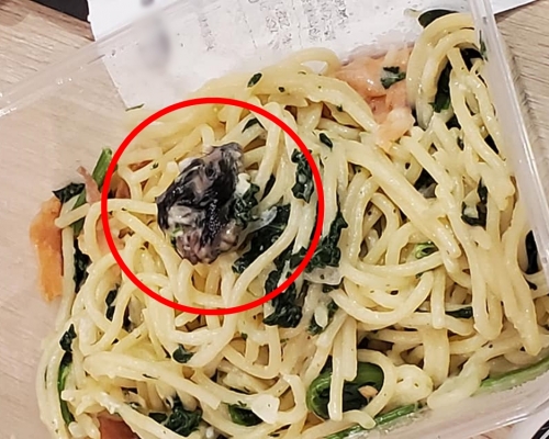 食環署證實薩莉亞長發分店一份外賣意粉樣本黑色肉,屬鼠類頭部。「青衣街坊吹水會」Facebook 群組相片