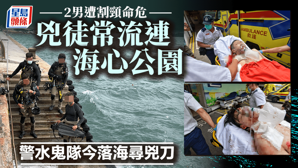 警方在海心公園海邊一帶調查，水鬼隊落海尋找兇刀。梁國峰攝