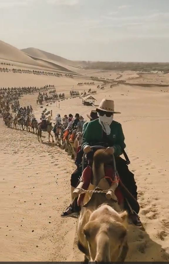 数百计的游客骑著骆驼游览敦煌，令当地出现「塞骆驼」奇景。影片截图