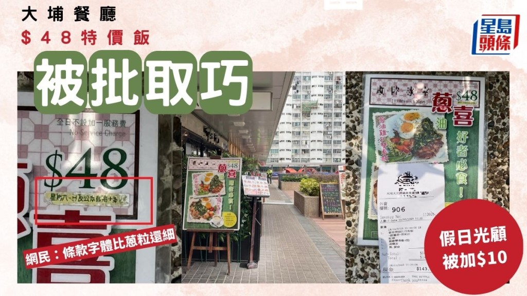 大埔餐厅$48特价饭被批取巧 假日光顾被加$10 网民：条款字体比蒽粒还细