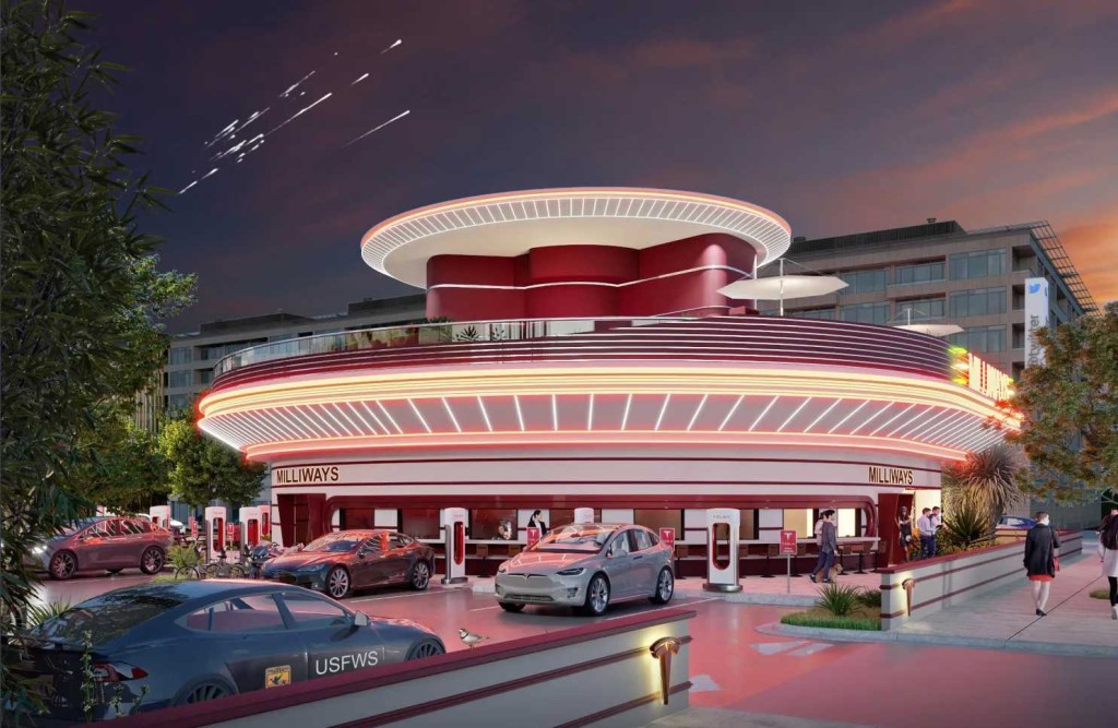 Tesla Diner將超級充電站、餐廳及露天戲院合而為一。