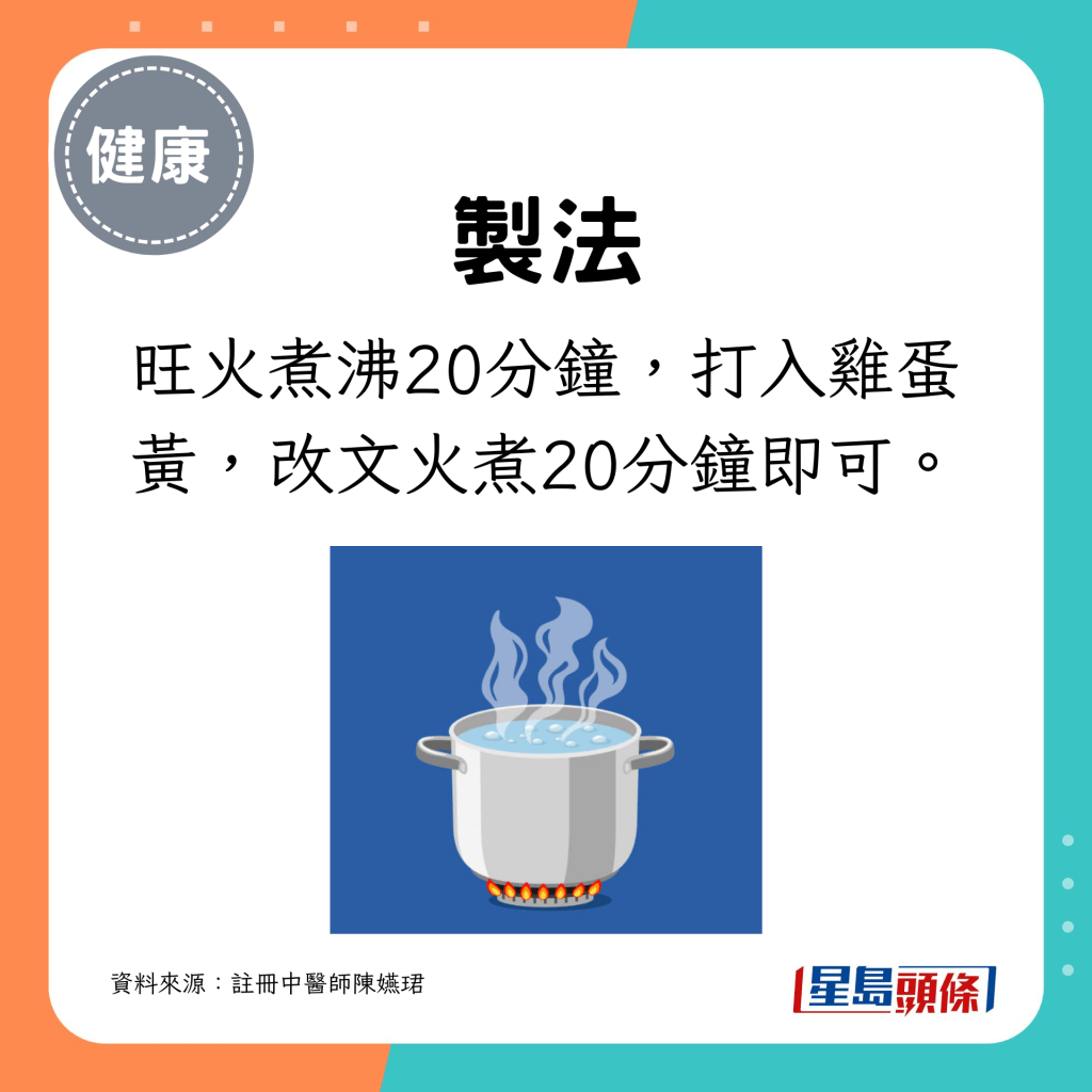 旺火煮沸20分鐘，打入雞蛋黃，改文火煮20分鐘