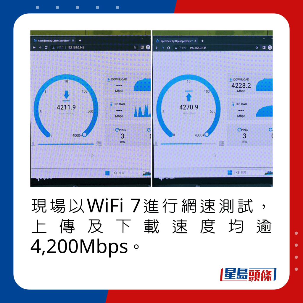 現場以WiFi 7進行網速測試，上傳及下載速度均逾4,200Mbps。