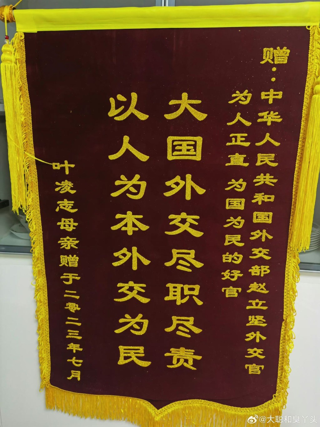 趙立堅妻子湯天如高調秀出讚揚丈夫的錦旗。