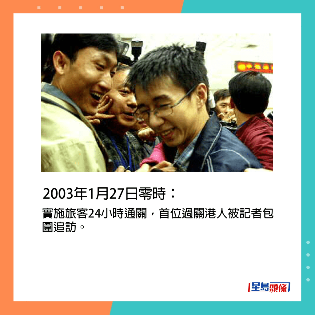 2003年1月27日零時：實施旅客24小時通關，首位過關港人被記者包圍追訪。