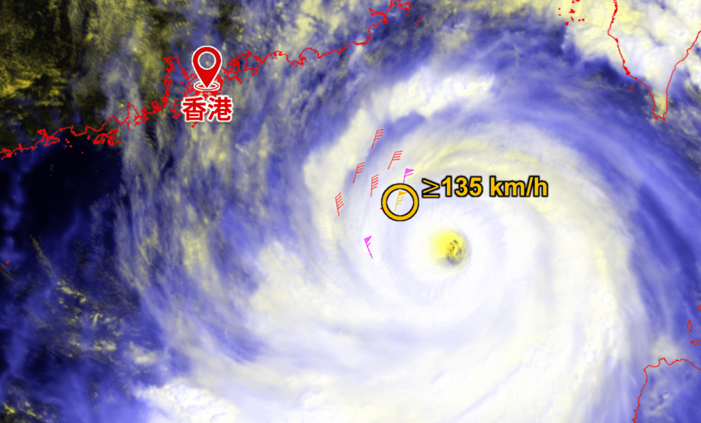 在9月23日早上，下投式探空儀在樺加沙中心約120公里處錄得近地面風速達每小時135公里。天文台圖片