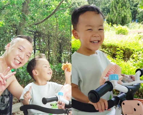 小鐵漢愛曬太陽食格仔餅。小鐵漢媽媽fb圖片