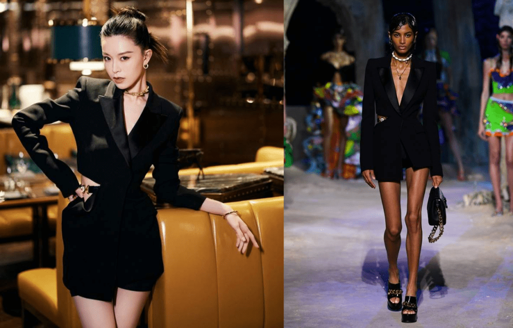 新一代女星文詠珊以Versace春夏系列的黑色Trésor Blazer西裝褸/$25,700，配襯黑色短褲/售價待定，帥氣型格出席公開活動。