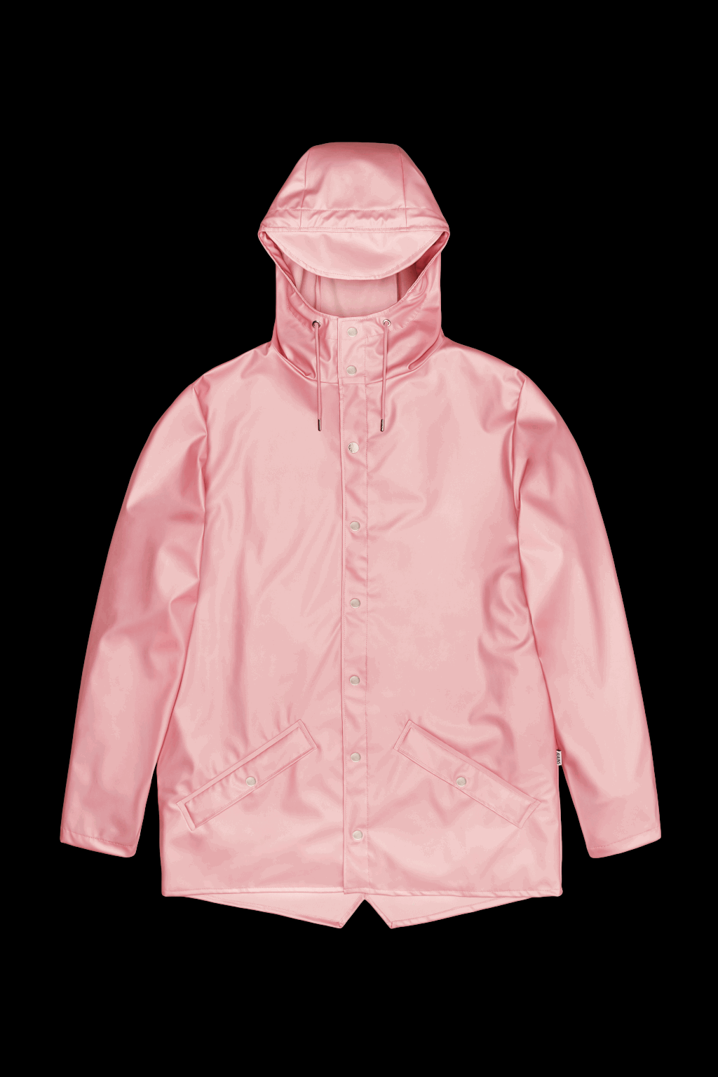 粉紅色連帽鈕扣防水外套/$899/RAINS。