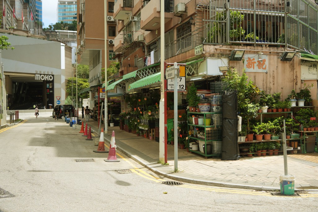 有花店將裝滿盆栽的雙層鐵架，放置行人路上。吳艷玲攝