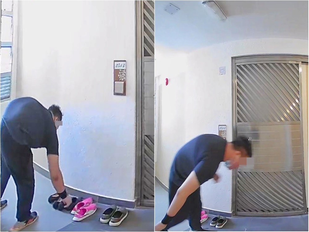 長沙灣凱樂苑一名可疑男子在走廊拾起並嗅聞住戶放於門外的鞋子,其後將手放於下體疑自慰。網上圖片