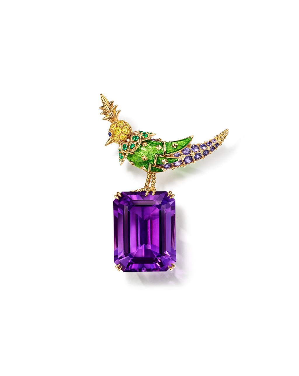 Schlumberger by Tiffany & Co.系列的Bird on a Rock18K黃金胸針，主石為一顆巨型紫水晶。（Tiffany & Co.）