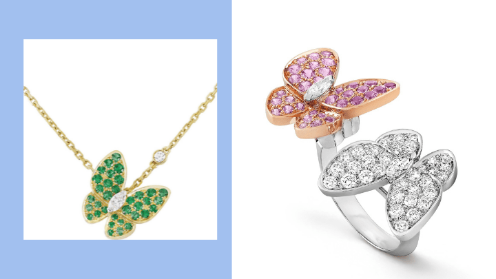 左/Two Butterfly 18K黃金鑲沙弗萊石榴石及鑽石吊墜項鏈/$83,000。右/Flying butterfly 18K白金及玫瑰金、隱密式鑲嵌紅寶石及鑽石指間戒/個別訂價。