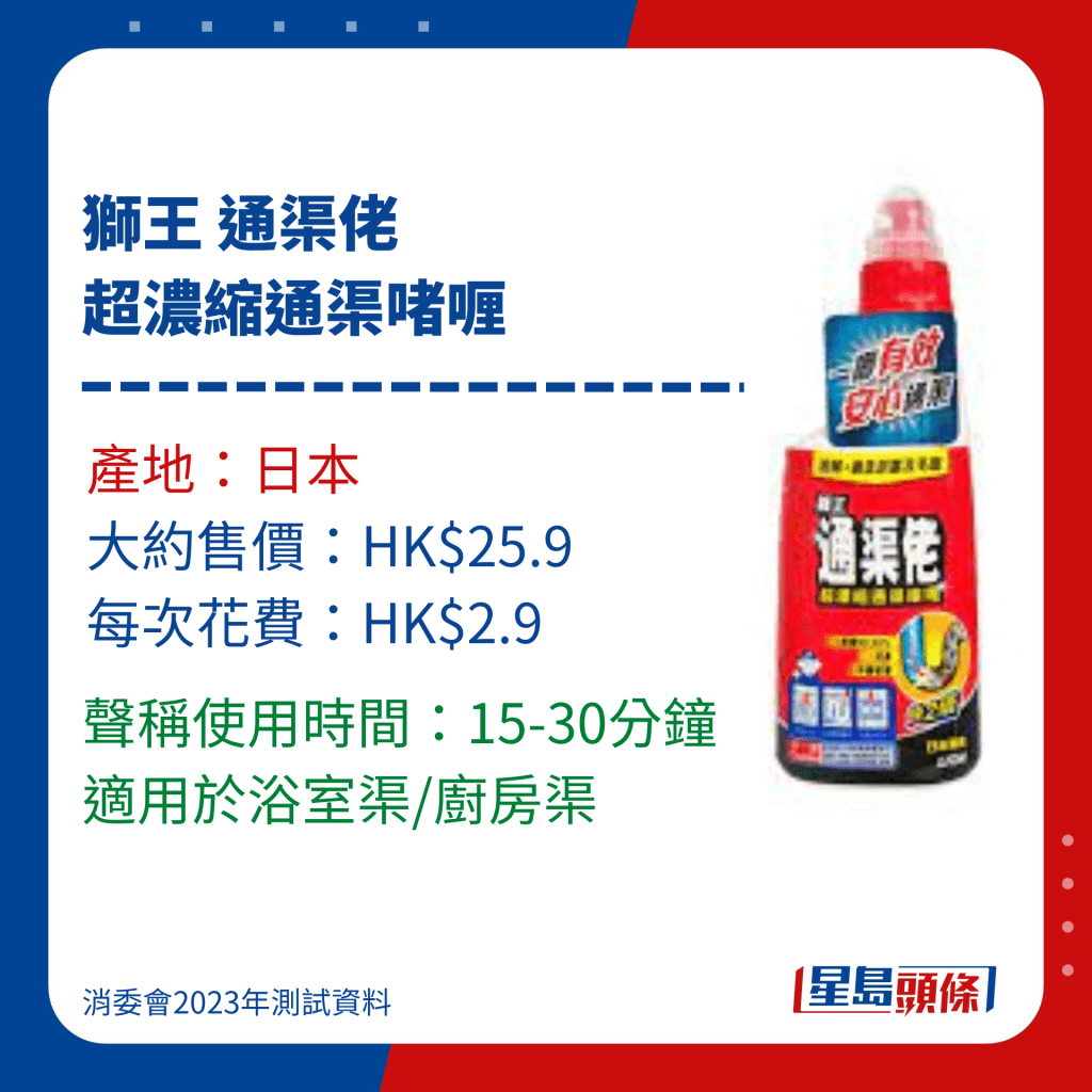 消委会通渠水/通渠剂测试名单｜8 狮王 通渠佬超浓缩通渠啫喱，标示使用时间15-30分钟。　 