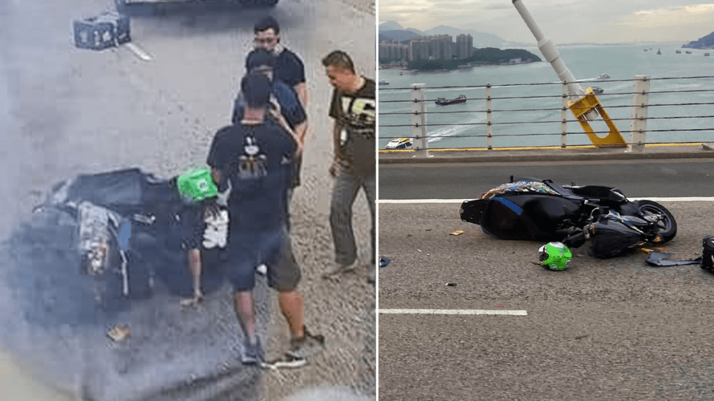 青衣汀九橋發生3車相撞，女鐵騎倒地受傷送院。