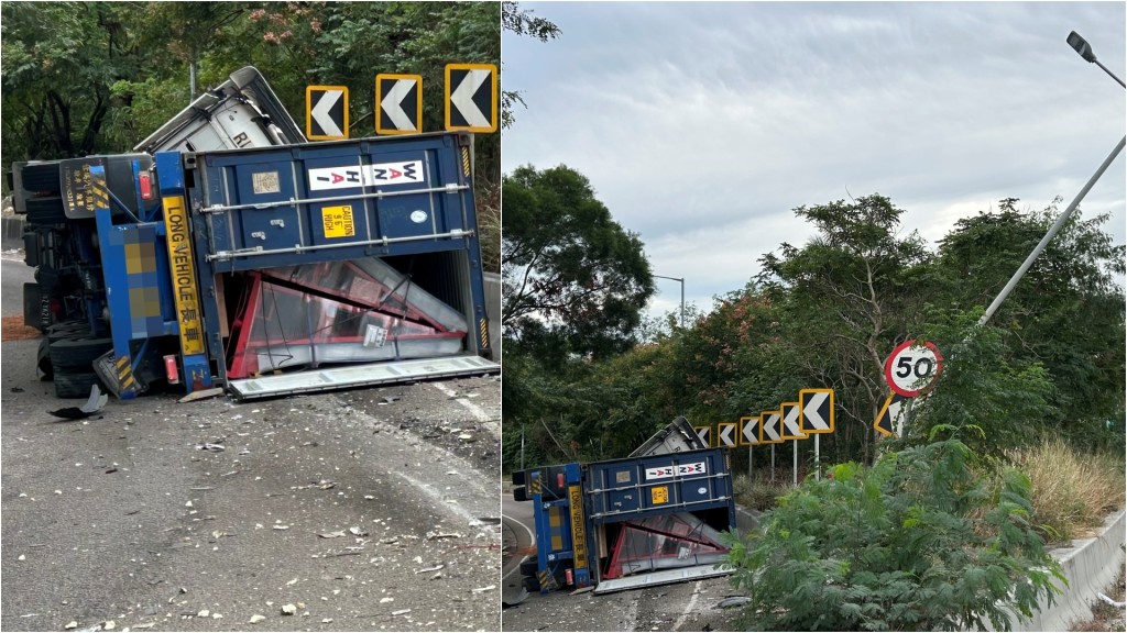 元朗公路貨櫃車翻側 撞毀交通牌燈柱 司機自行脫困