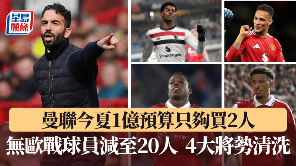 曼聯今夏1億預算買2人無哂,無歐戰大幅減球員至20人。美聯社
