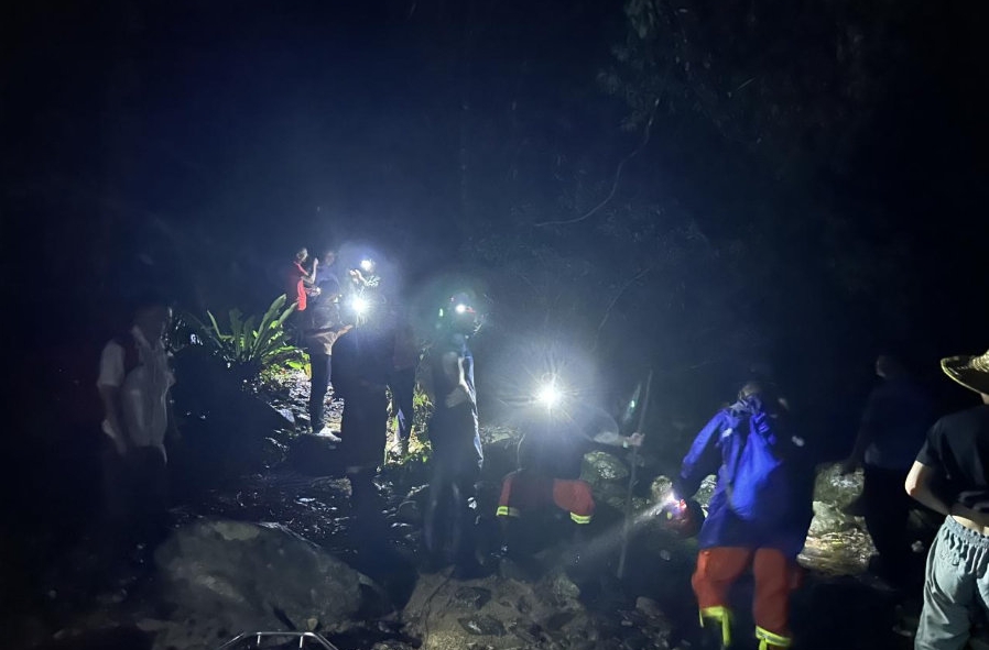 救援人员通宵在森林搜救。