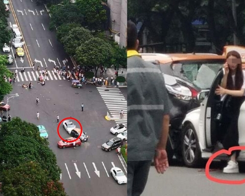 廣州發生嚴重車禍，一輛白色車在等紅燈時突然啟動，闖紅燈撞飛行人，並撞上兩輛汽車。（左）。網傳涉事女司機（右）。（網圖）
