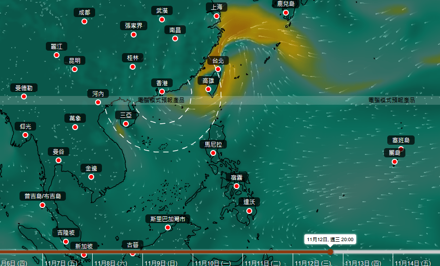 AI模型「盤古」預測現時位於關島以南熱帶氣旋未來行走路徑。天文台擷圖 AI模型「盤古」預測現時位於關島以南熱帶氣旋未來行走路徑。天文台擷圖