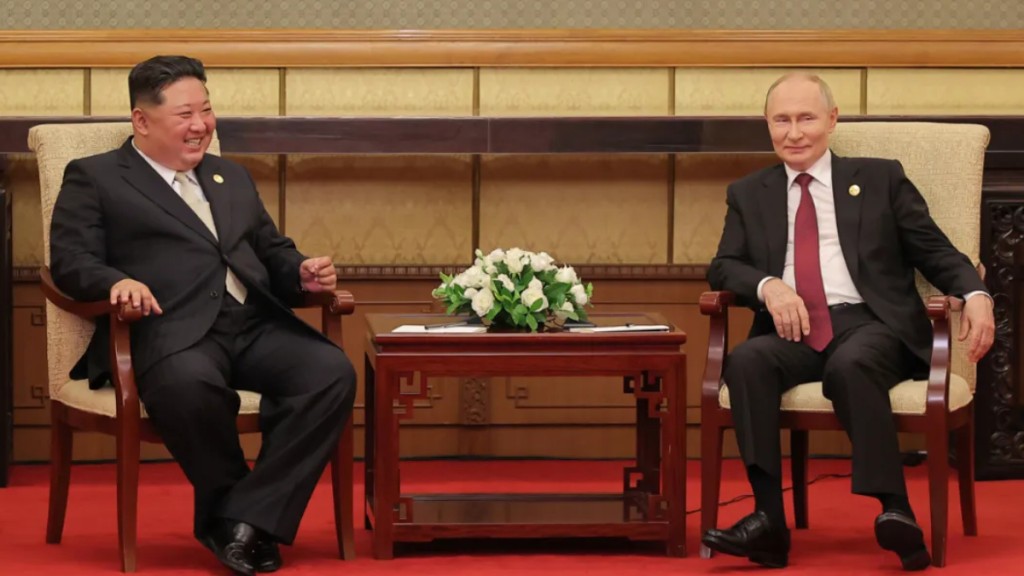 金正恩與普京見面是九三閱兵另一焦點。北韓中央電視台 金正恩與普京見面是九三閱兵另一焦點。北韓中央電視台