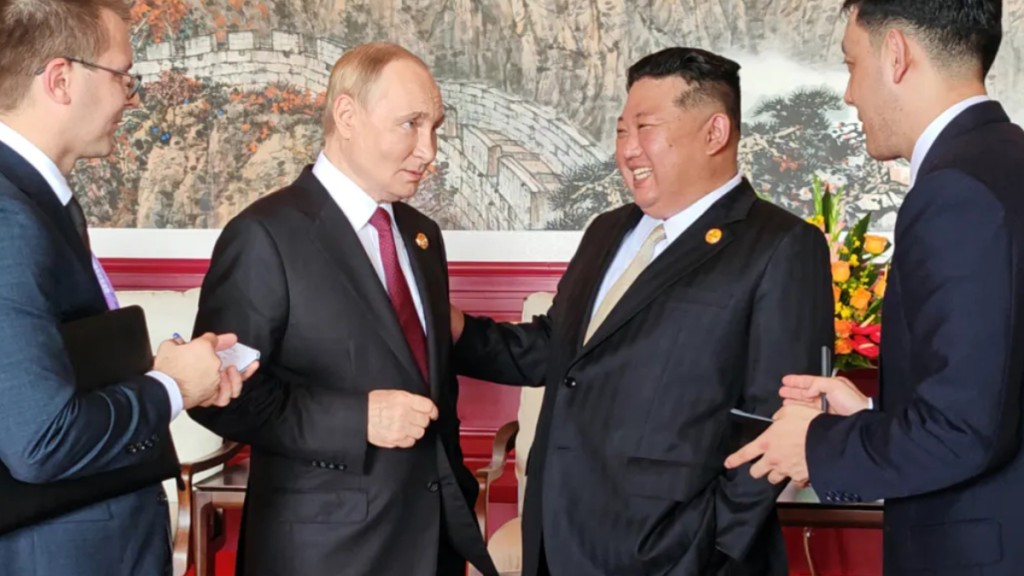 金正恩與普京言談甚歡。北韓中央電視台 金正恩與普京言談甚歡。北韓中央電視台