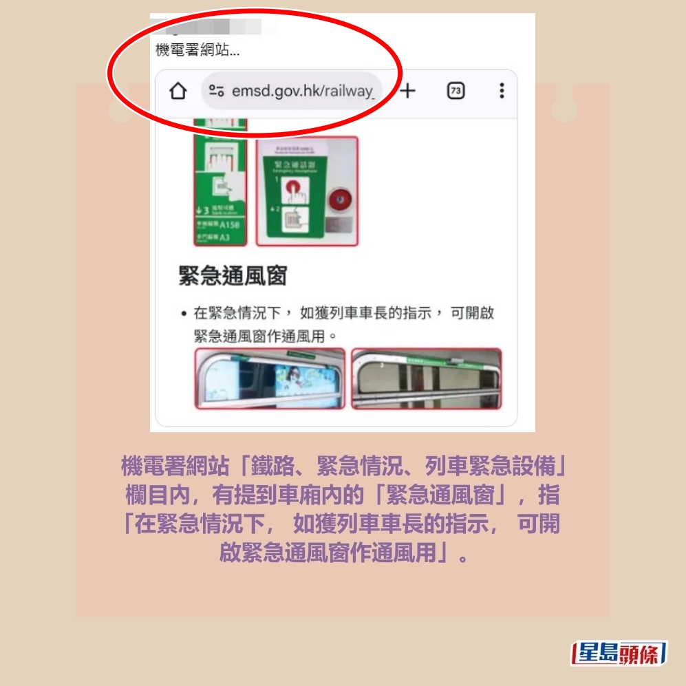 機電署網站「鐵路、緊急情況、列車緊急設備」 欄目內，有提到車廂內的「緊急通風窗」，指 「在緊急情況下， 如獲列車車長的指示， 可開 啟緊急通風窗作通風用」。Threads截圖