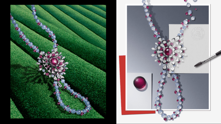 Nouchali项链，以白色黄金镶嵌1颗重10.61卡的凸圆形切割红碧玺及6颗共重3.45卡的鸢形钻石，另配以鸢形钻石、玉髓及红碧玺珠子、黑色真漆，以及圆形明亮式切割钻石。