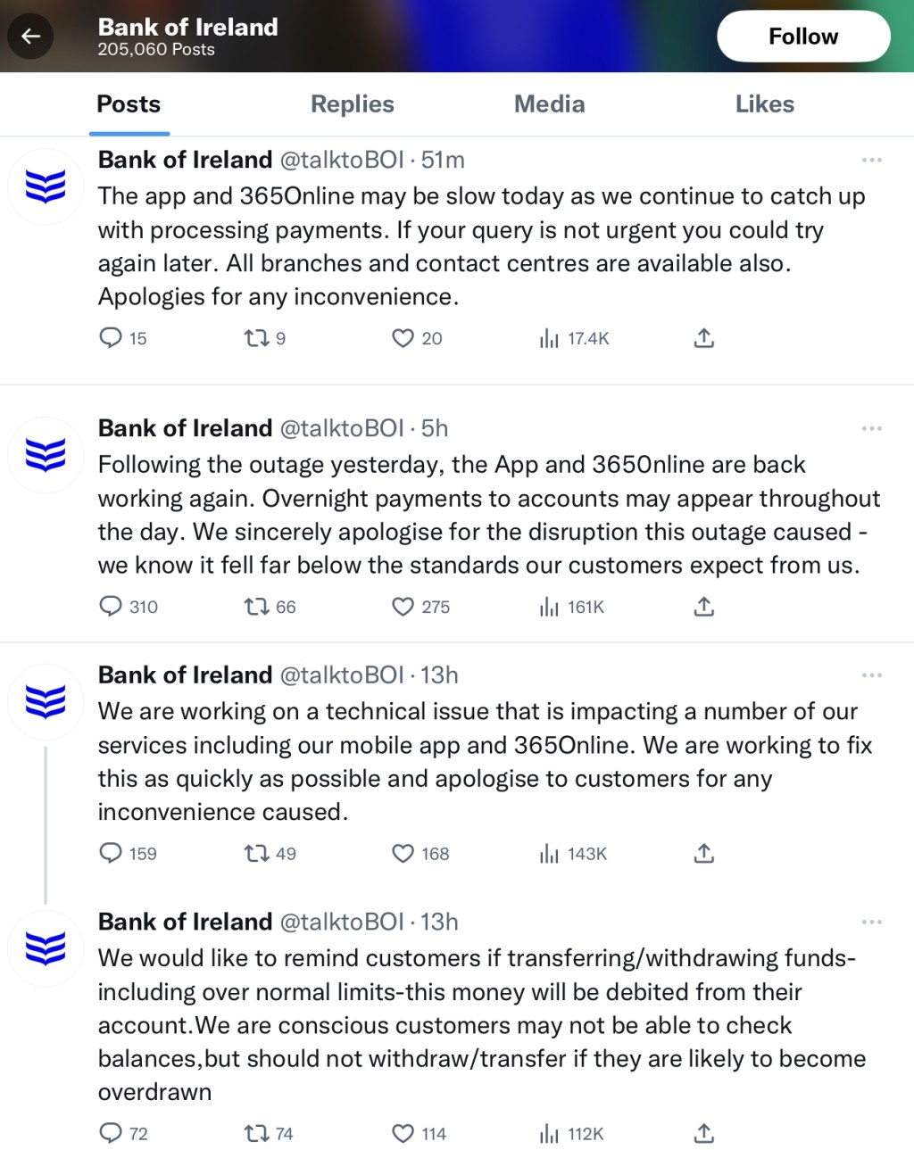 愛爾蘭銀行（Bank of Ireland）就故障致歉，並提醒民眾「借咗要還」。 