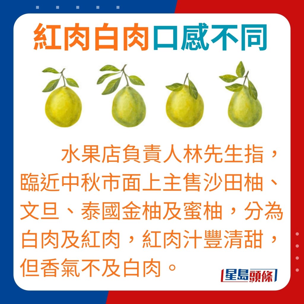 临近中秋市面上主要售卖沙田柚、文旦、泰国金柚及蜜柚，分为白肉及红肉两种，红肉柚子的果汁丰盈、味道清甜，但香气不及白肉柚。