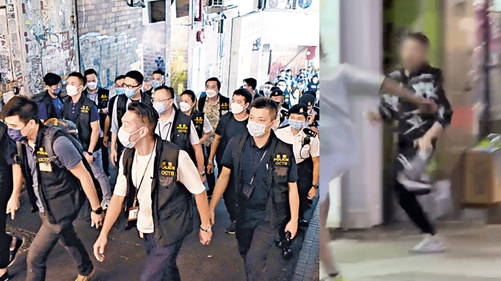 尖沙咀黑帮殴斗案警方拘捕两人。消息指包括新义安「符B」，5前年曾涉追数逃命驾车撞警署车闸求救。图左：资料图片；图右：FB：车Cam L（香港群组） 