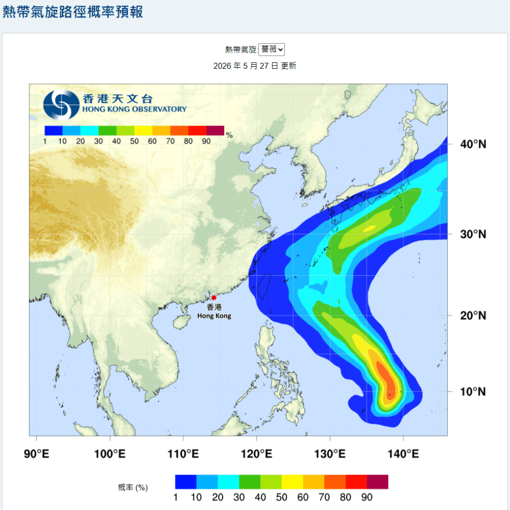 天文台預計薔薇大致移向台灣以東海域至琉球群島一帶。天文台網頁截圖