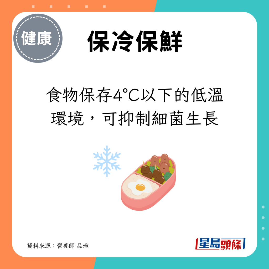 食物保存4°C以下的低温环境，可抑制细菌生长