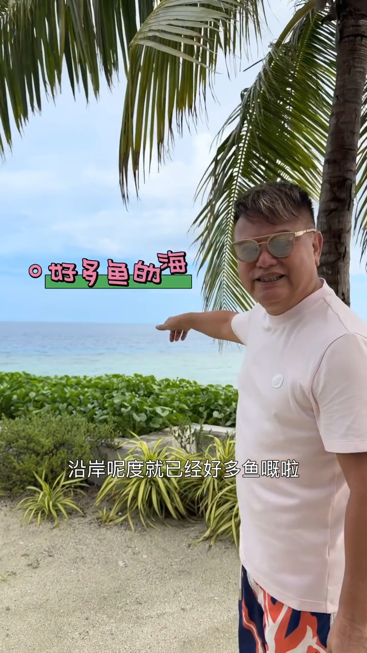 陳百祥興奮指向沿岸滿是魚群的「玻璃海」。 陳百祥興奮指向沿岸滿是魚群的「玻璃海」。