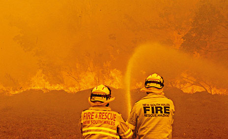 澳洲消防员本月九日在新南威尔斯省公路扑救山火。