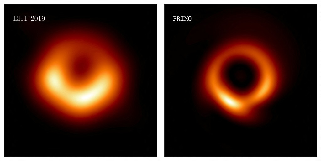 由「事件视界望远镜」（EHT）合作组织于2019年拍摄的M87超大质量黑洞（左）；和PRIMO演算法生成的更精细的新图像（右）。 路透社