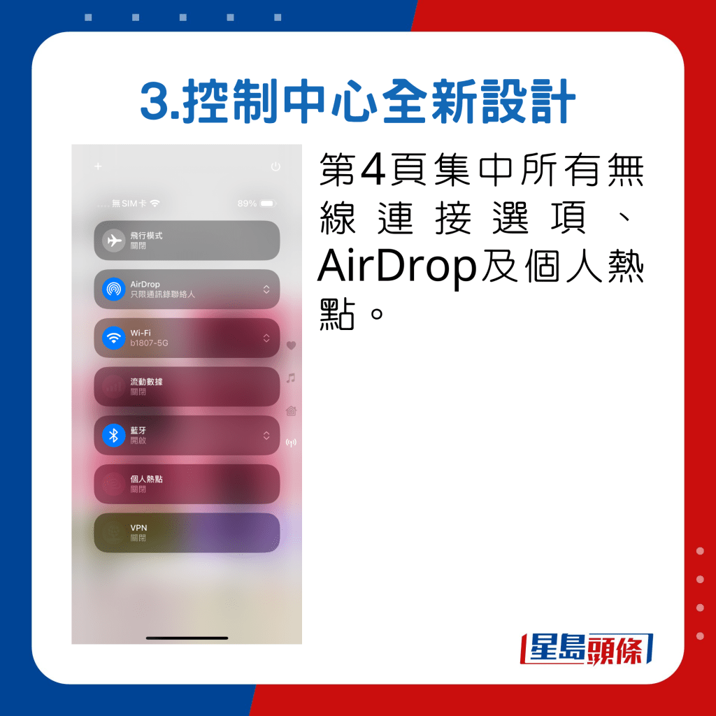 第4頁集中所有無線連接選項、AirDrop及個人熱點。