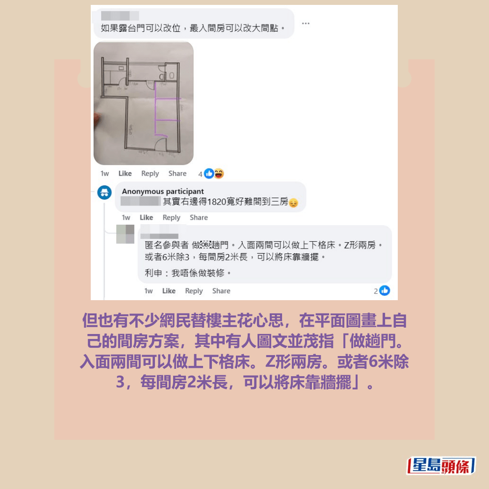 但也有不少網民替樓主花心思，在平面圖畫上自 己的間房方案，其中有人圖文並茂指「做趟門。 入面兩間可以做上下格床。Z形兩房。或者6米除 3，每間房2米長，可以將床靠牆擺」。fb「公屋討論區 - 香港facebook群組」截圖