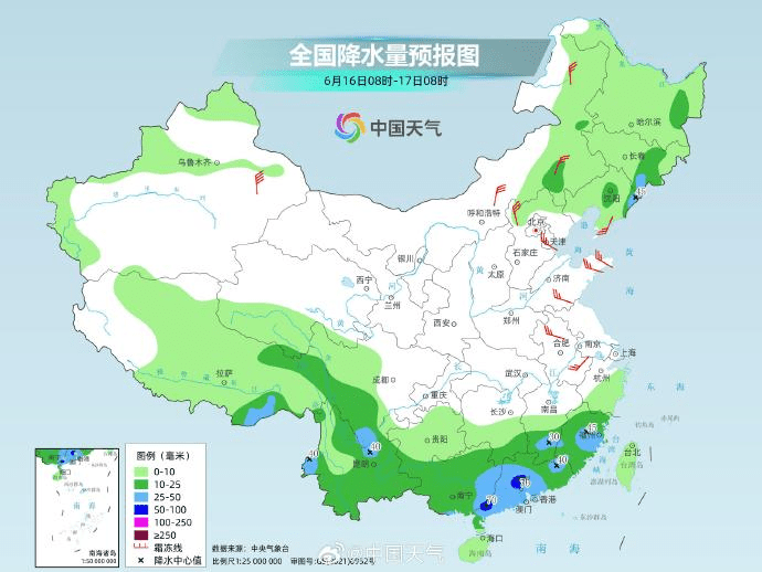 全國16-17日降雨預測。 全國16-17日降雨預測。