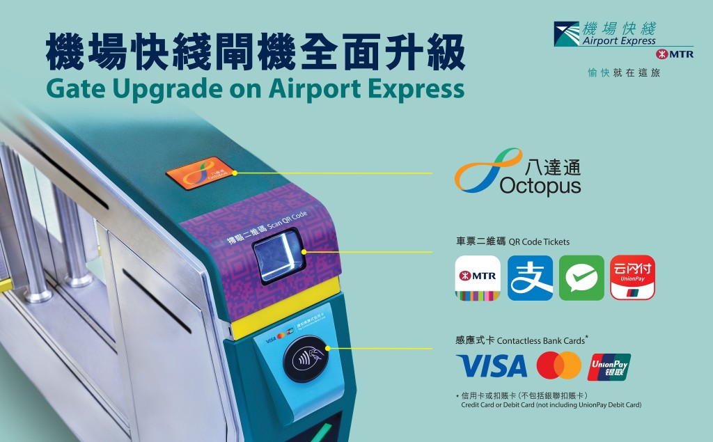 本月底起,機場快綫全綫將接納以感應式卡(如信用卡或扣賬卡)及二維碼付費乘車。 本月底起,機場快綫全綫將接納以感應式卡(如信用卡或扣賬卡)及二維碼付費乘車。