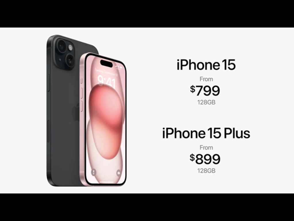 iPhone 15及iPhone 15 Plus本周五開始接受預訂，9月22日正式賣街，售價分別由字799美元起及899美元起，定價維持與上代一樣，儲存容量提供128GB、256GB及512GB選擇。