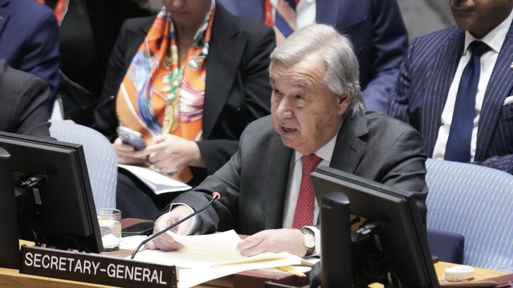 古特雷斯周二在聯合國安理會以巴問題辯論會上發言。 美聯社