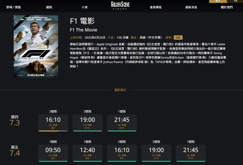 現正上畫的荷里活巨著《F1電影》早場和午後場次均售65元。