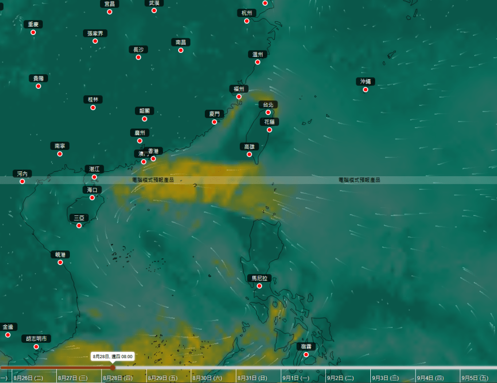 歐洲中期預報中心ECMWF 8月26日對菲律賓以東海域廣闊低壓區的預測。天文台網站擷圖