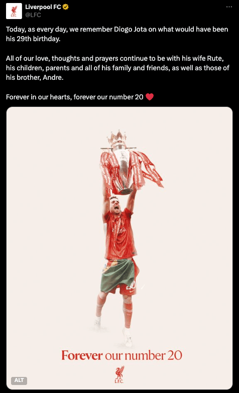 利物浦于社交媒体向祖达致意。X截图