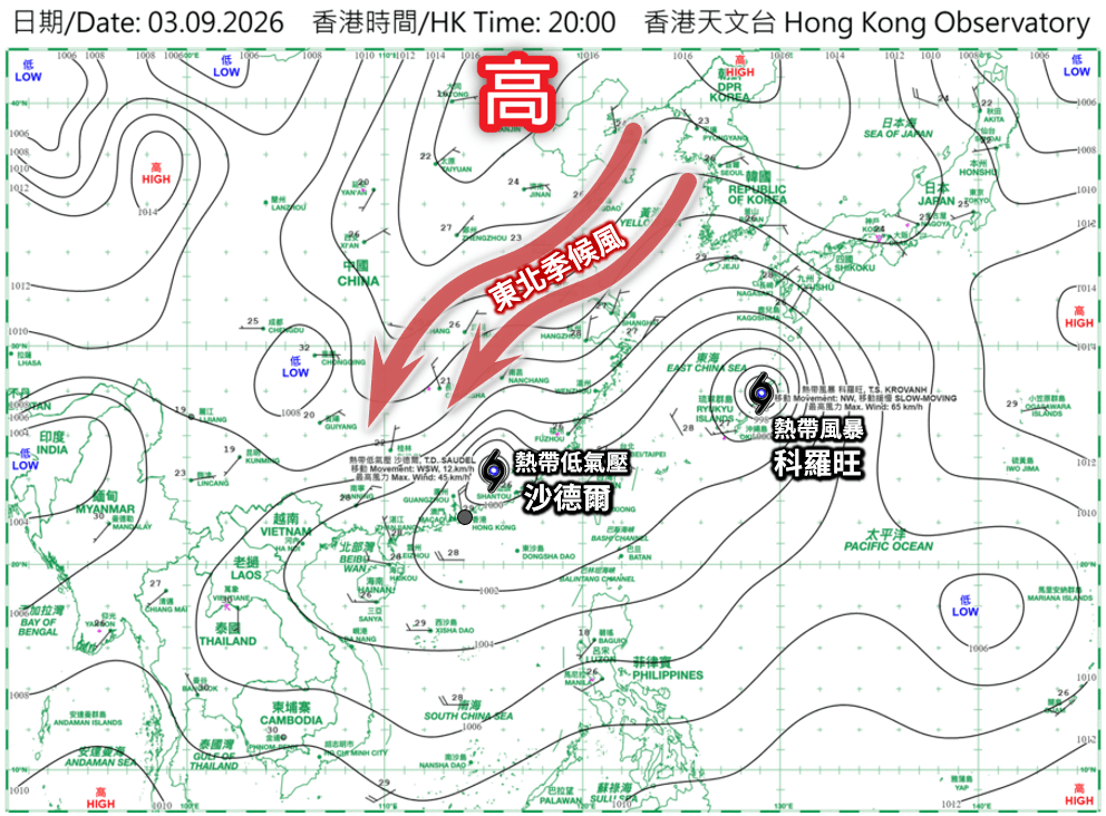 9月3日下午8時的地面天氣圖。天文台《天氣隨筆》 9月3日下午8時的地面天氣圖。天文台《天氣隨筆》