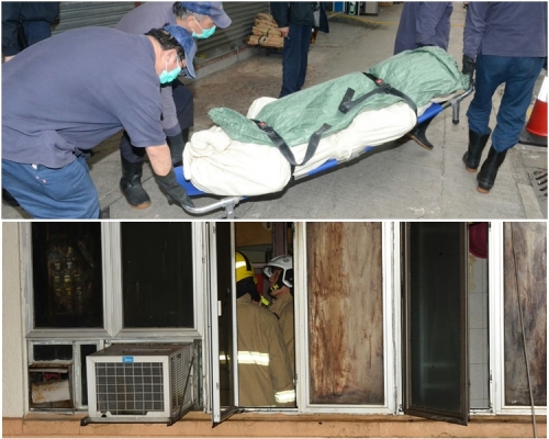 圖上,死者是一名獨居於單位數年的6旬男子;圖下,單位牆壁薰黑,消防入內調查起火原因。