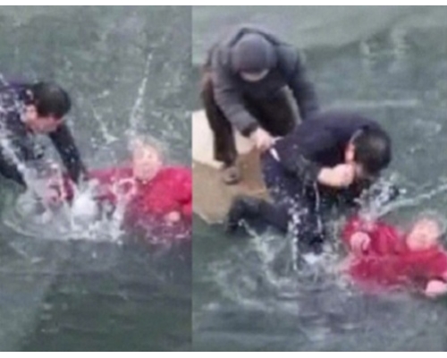 石磊跳入河裏救人。網上圖片
