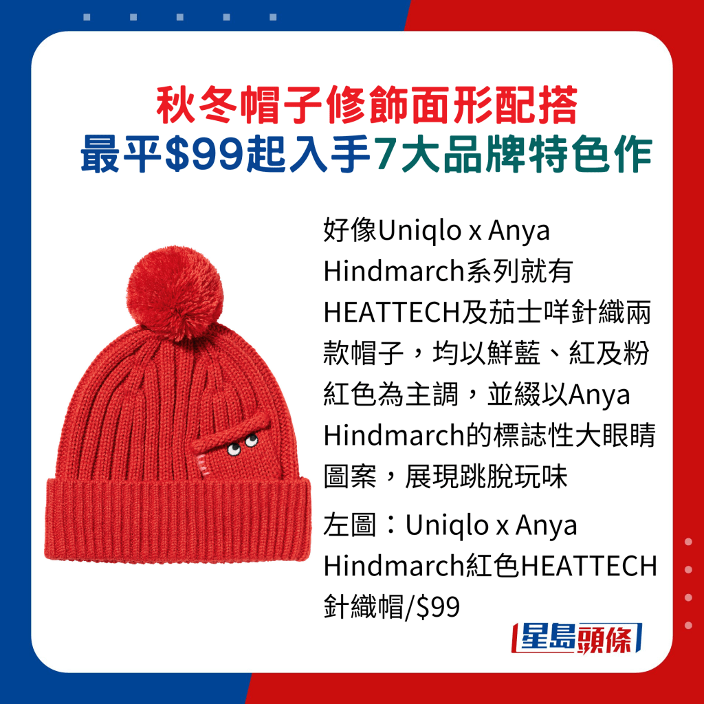 好像Uniqlo x Anya Hindmarch系列就有HEATTECH及茄士咩针织两款帽子，均以鲜蓝、红及粉红色为主调，并缀以Anya Hindmarch的标志性大眼睛图案，展现跳脱玩味/左图：Uniqlo x Anya Hindmarch红色HEATTECH针织帽/$99